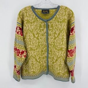 Oleana Norway Floral Print Cardigan Pure New Wool Green Red Size M